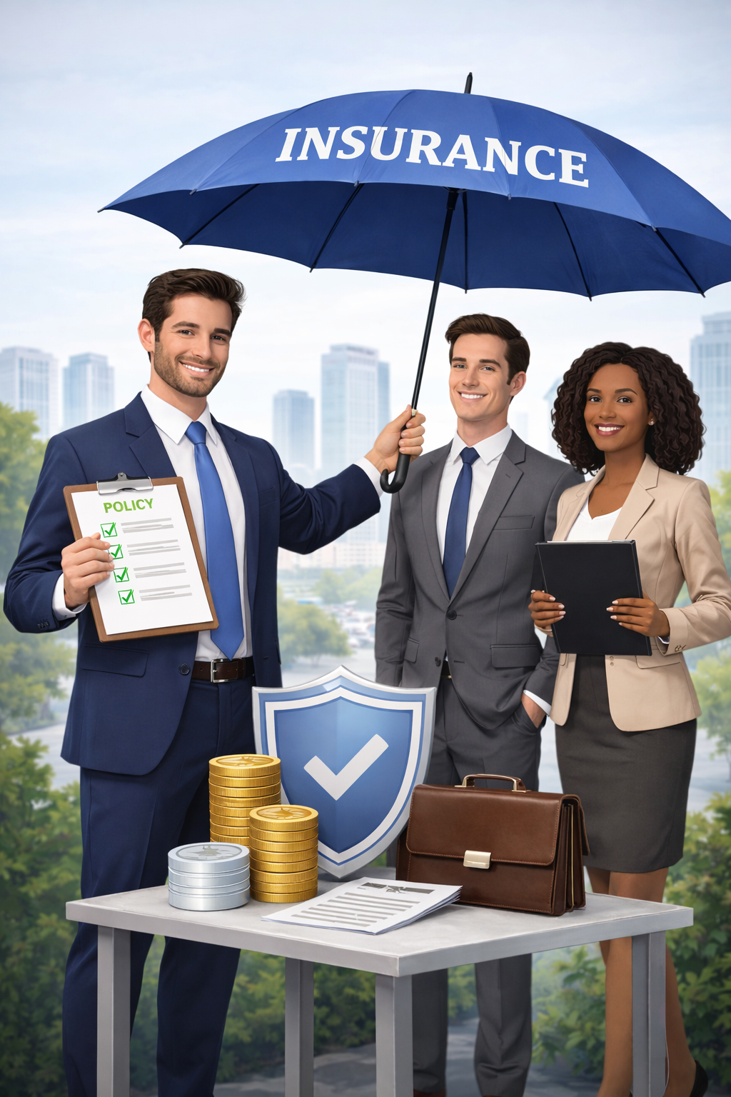 insurance broker holds umbrella over business insurance clients
